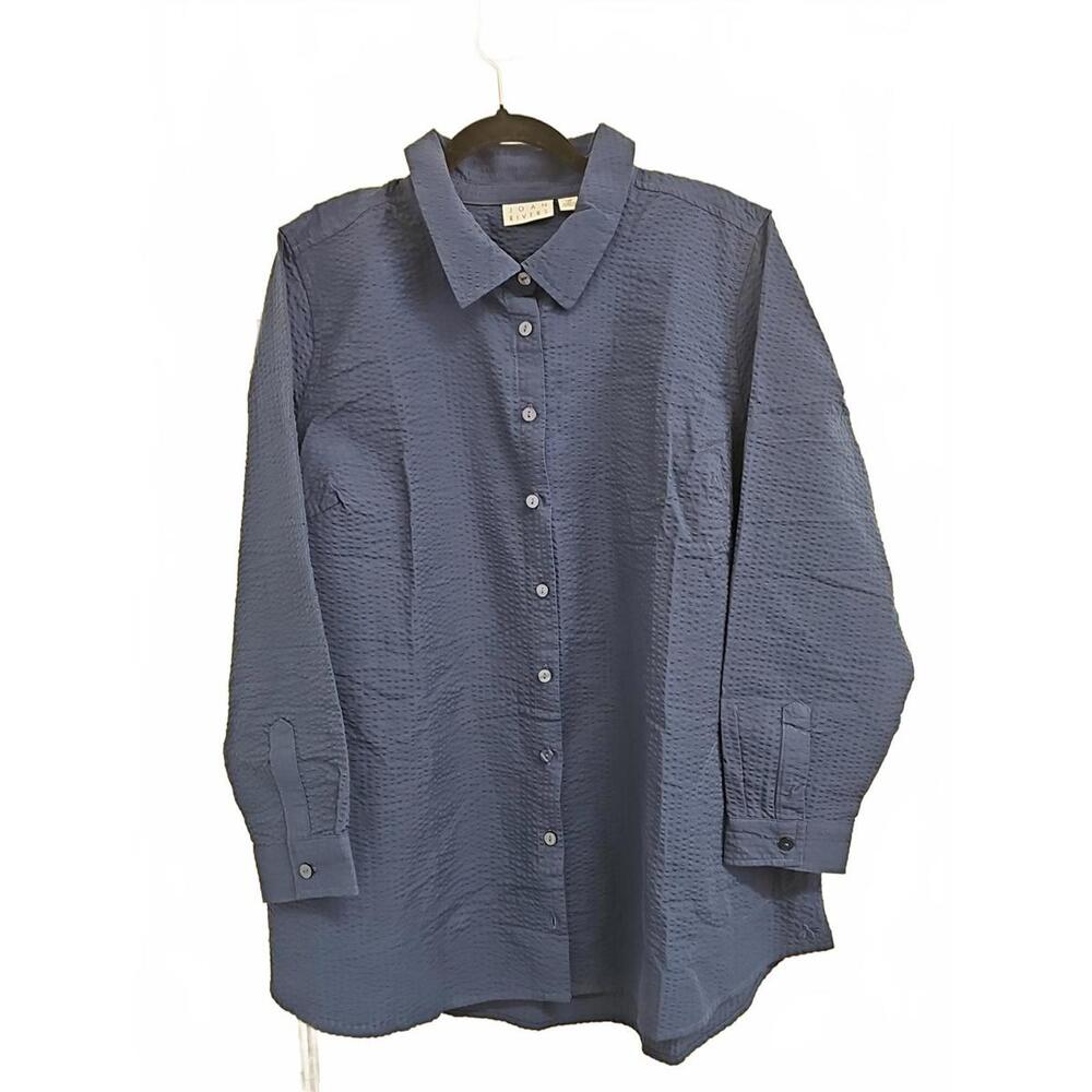 Joan Rivers Seersucker Button Front Shirt Navy Solid Size 1X Petite